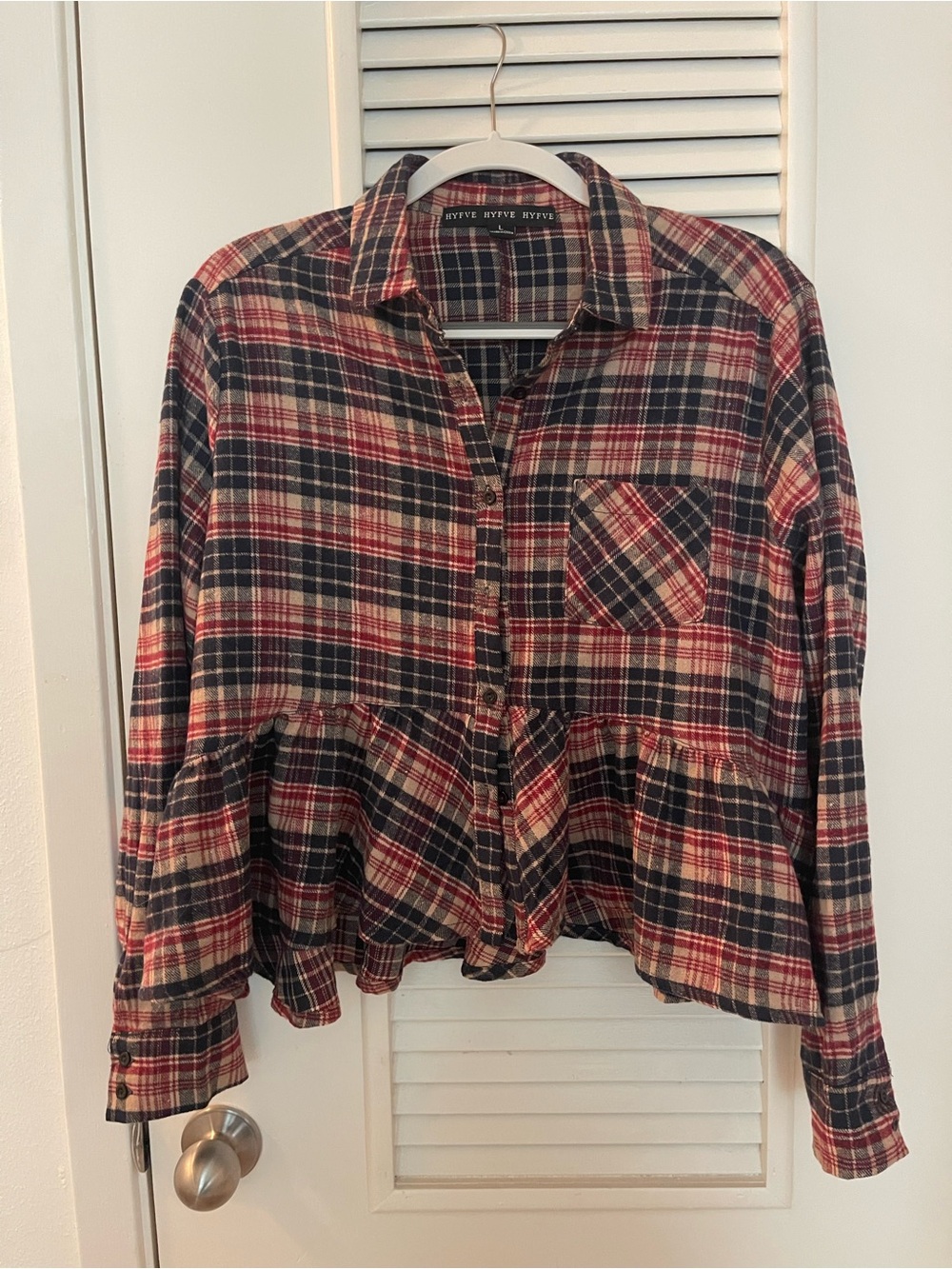HYFVE Red Navy Cream Plaid Peplum Button-Down Shirt